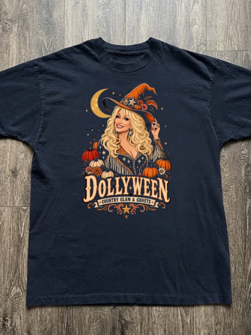 Dollyween Country Glam & Ghosts Dolly Parton Witch Pumpkins Moon Vintage T-shirt